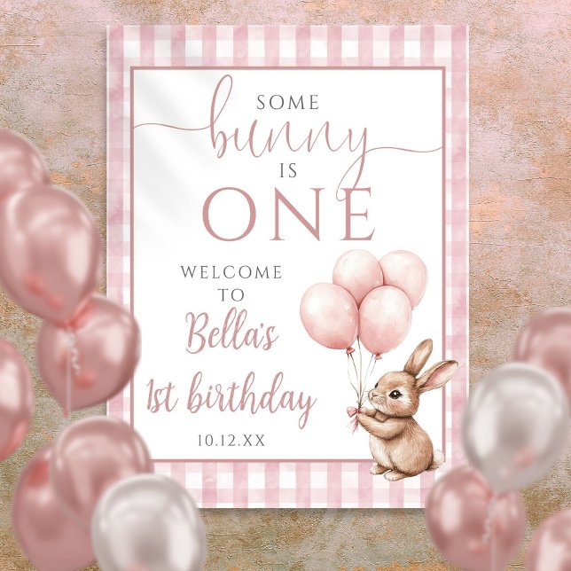 Välkomstskylt för Little Bunny Pinks 1-årsdag Poster (Little Bunny Pink 1st Birthday Welcome Sign)