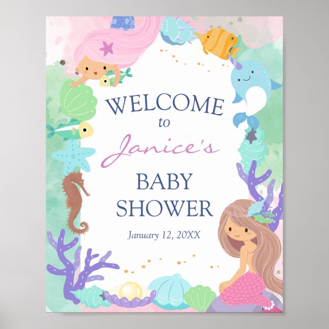 Välkomstskylt för Little Sjöjungfru Baby Shower Po Poster (Framsidan)