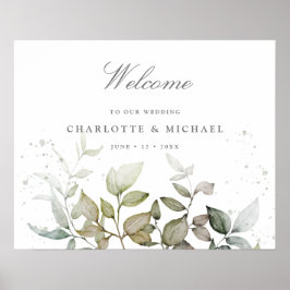 välkomstskylt för löv grönt bröllop poster