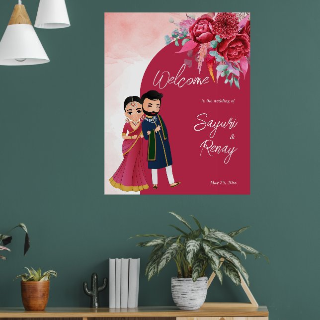 Välkomstskylt för magenta Cute Indian par bröllop Poster (Vardagsrum 1)