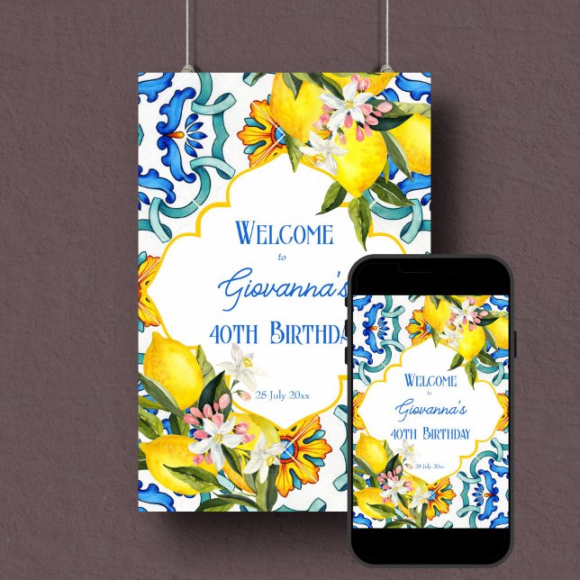 Välkomstskylt för majolica blå plattor poster (Majolica blue tiles lemons birthday welcome sign editable template poster instant digital download)