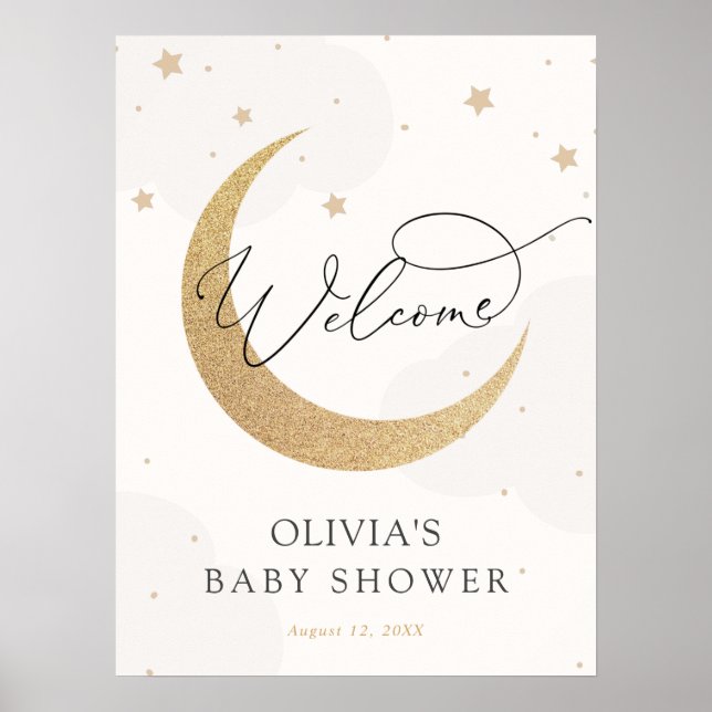 Välkomstskylt för måne och Stars Grått Baby Shower Poster (Framsidan)