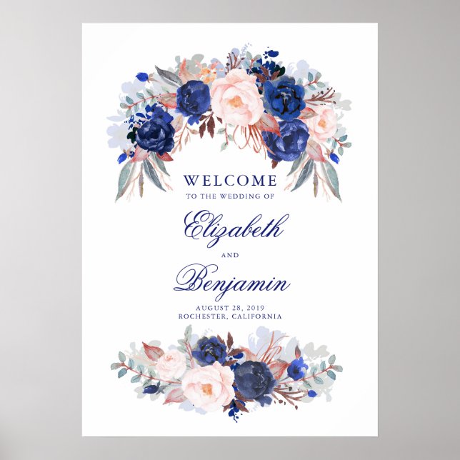 Välkomstskylt för marin Blommigt Bröllop Poster (Framsidan)