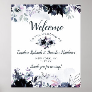 Välkomstskylt för marinblå Blommigt Bröllop Poster