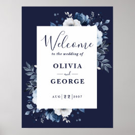 Välkomstskylt för marinblå landskapsblommiga bröll poster