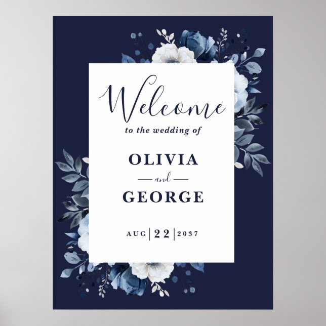 Välkomstskylt för marinblå landskapsblommiga bröll poster (Framsidan)