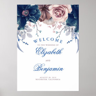 Välkomstskylt för marinblått och Mauve Bröllop Poster
