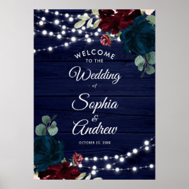 Välkomstskylt för Marsala & Navy Flowers Rustic Wo Poster