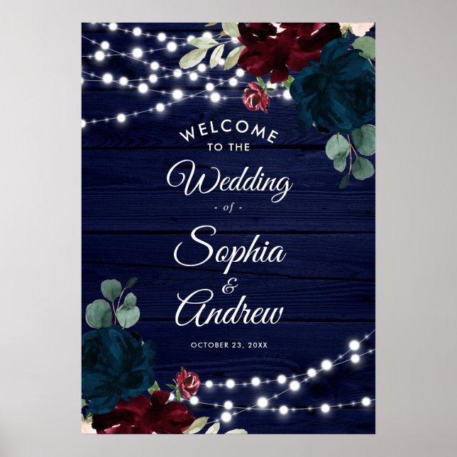 Välkomstskylt för Marsala & Navy Flowers Rustic Wo Poster (Framsidan)