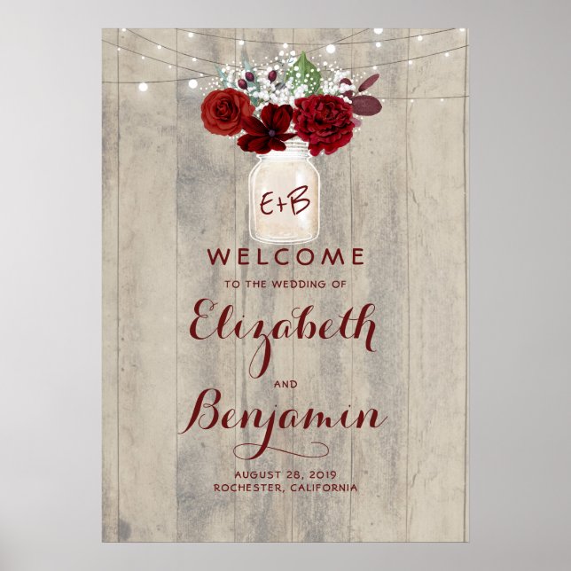 Välkomstskylt för Mason Burk Burgundy Blommigt Brö Poster (Framsidan)