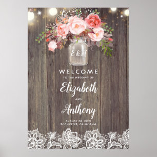 Välkomstskylt för Mason Burk Rosa Blommigt Bröllop Poster