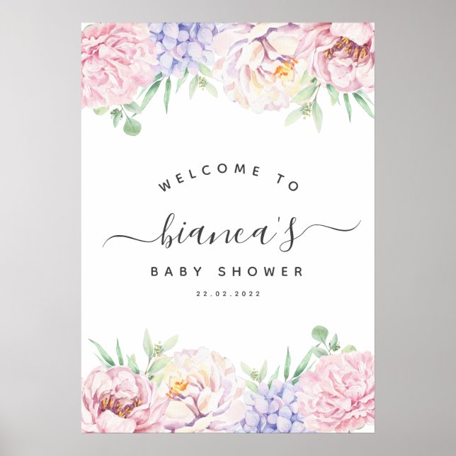 Välkomstskylt för Mjuk Pastel Blommigt Baby Shower Poster (Framsidan)