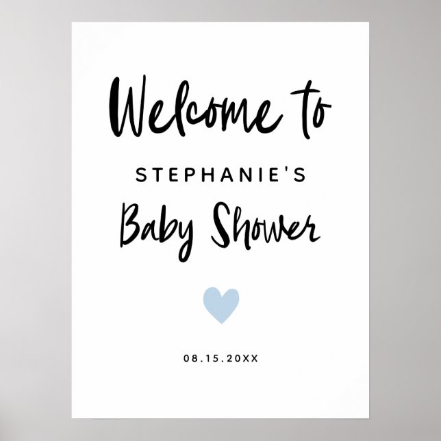 Välkomstskylt för Modern Blue Heart Baby Shower Poster (Framsidan)