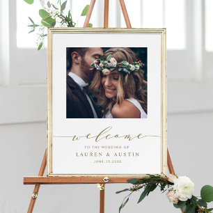 Välkomstskylt för Modern Guld-skript, fotot Bröllo Poster