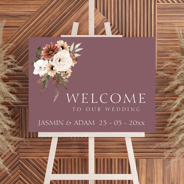Välkomstskylt för Modern Lila Peach Blommigt Bröll Poster (Rustic Purple Peach Floral Wedding Welcome Sign)