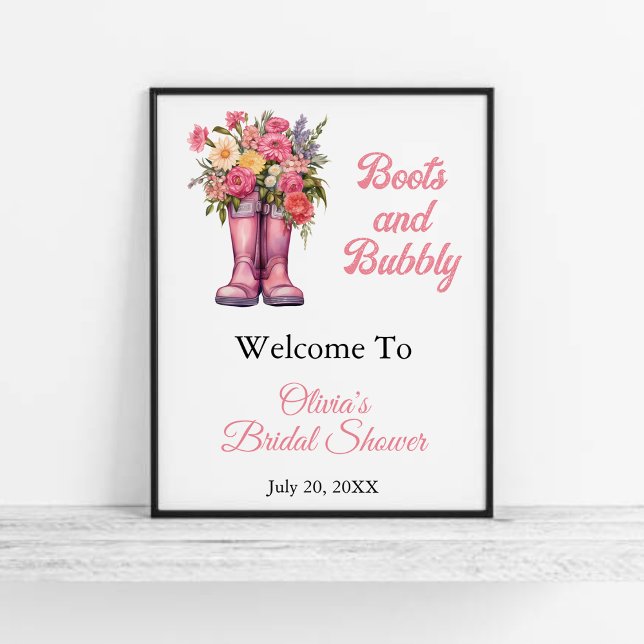 Välkomstskylt för Möhippa av bubblor och Rosa Poster (Boots & Bubbly Western Cowgirl Pink Bridal Shower Welcome Sign )
