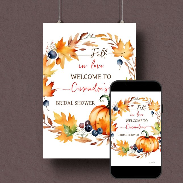 Välkomstskylt för möhippa av fallande i kärlek-pum poster (Fall in love bridal shower welcome sign template instant digital download pumpkin leaves wreath)