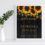 Välkomstskylt för möhippa av rustiska solblommor poster<br><div class="desc">Elegantens snyggt för rustik möhippa-välkomstskylt poster en mall på mörkens lingträ med vackra solblommor bouquet och ett modernt kalligrafiskript i trendiget. Enkel att anpassa med din information. Du kan anpassa det ytterligare genom att byta typsnitt och färg på bokstäver. Det är lämpligt för elegant sommar- eller höstfallsmatning för jordbrukshus i...</div>