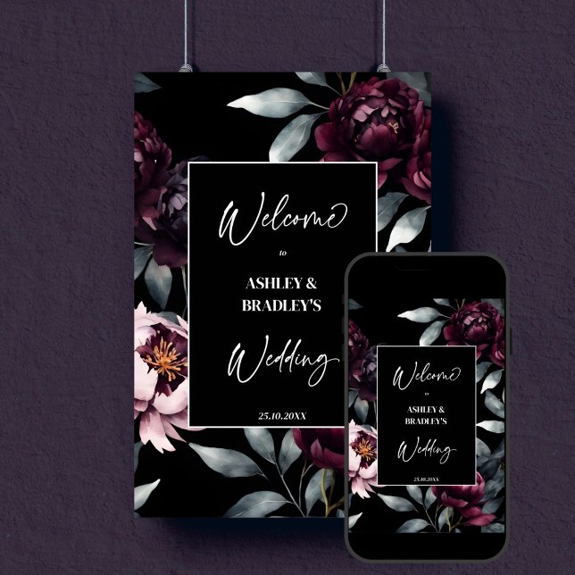 Välkomstskylt för moody burgundblommor i mörk poster (Dark moody burgundy peony flowers editable template welcome sign digital download black noir wedding)
