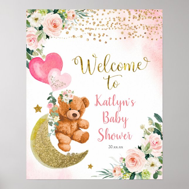 Välkomstskylt för Nalle av babybabykläder för rosa Poster (Framsidan)