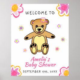 Välkomstskylt för nalle blomma Blommigt för babysk Poster