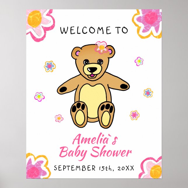 Välkomstskylt för nalle blomma Blommigt för babysk Poster (Framsidan)