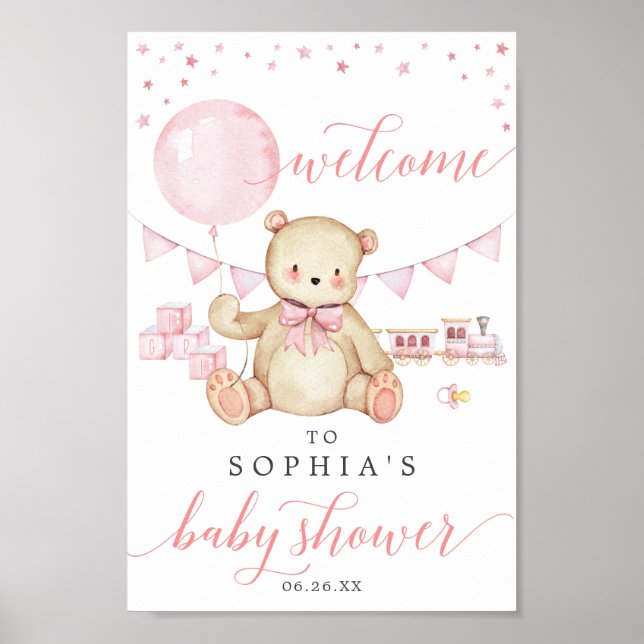 Välkomstskylt för nalle Girl Baby Shower Poster (Framsidan)