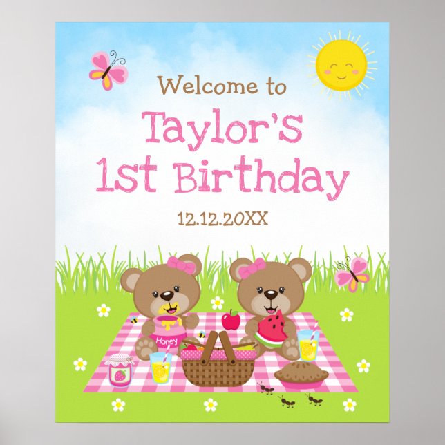 Välkomstskylt för nalle Picnic Rosa Birthday Poster (Framsidan)