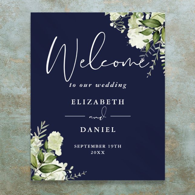 Välkomstskylt för Navy Blue Greenery Blommigt Bröl Poster (Navy Blue Greenery Floral Wedding Welcome Sign)