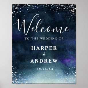Välkomstskylt för Navy Blue Silver Bröllop Poster