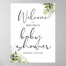 Välkomstskylt för neutral baby shower med grönska