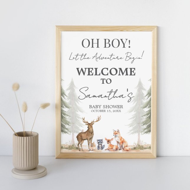 Välkomstskylt för nybörjare för babyskor i äventyr poster (Let the Adventure Begin Woodland Baby Shower Welcome Sign)