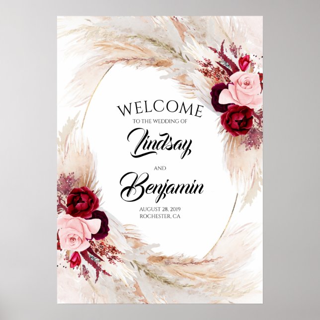Välkomstskylt för Pampas Grass Burgundy Red Bröllo Poster (Framsidan)