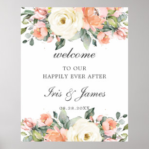 Välkomstskylt för Peach Ivory Rosa Blommigt Bröllo Poster