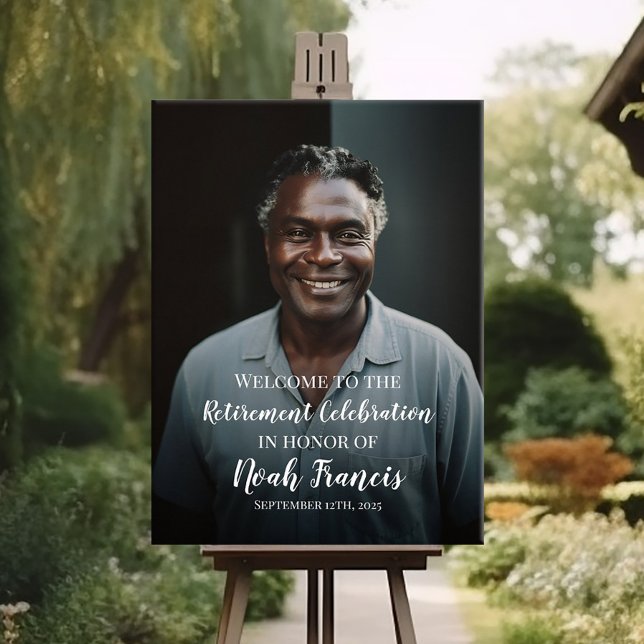 Välkomstskylt för pension party med foto poster (Skapare uppladdad)