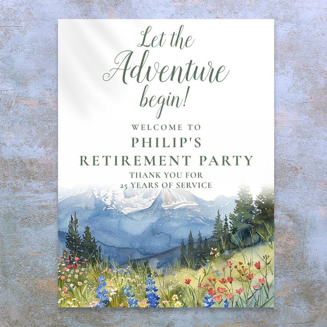 Välkomstskylt för pensionsfest på Äventyrsberget Poster (Adventure Mountain Retirement Party Welcome Sign)
