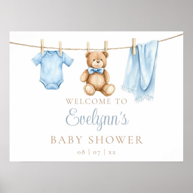 Välkomstskylt för pojke Clothesline Baby Shower Poster (Framsidan)