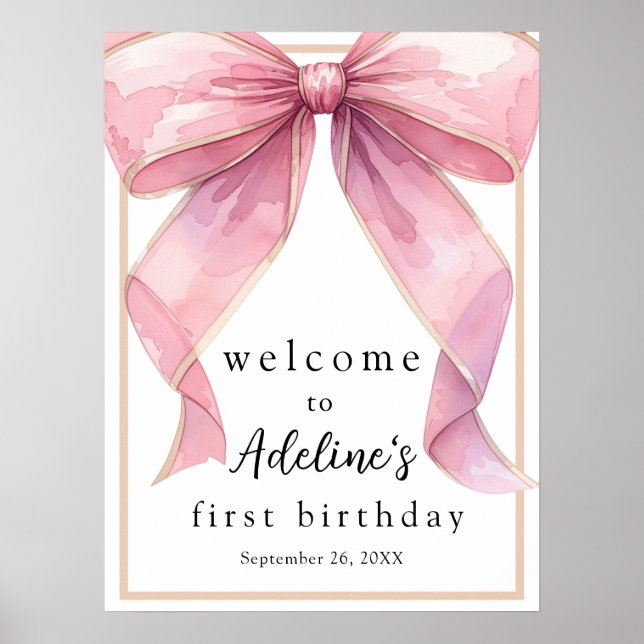 Välkomstskylt för PosRosa Coquette Bow Birthday Poster (Framsidan)