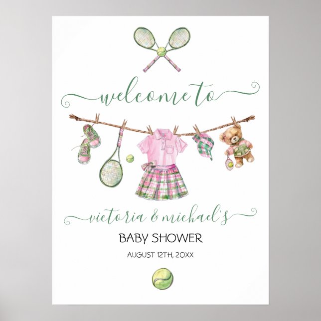 Välkomstskylt för Preppy Tennis Girl Baby Shower Poster (Framsidan)
