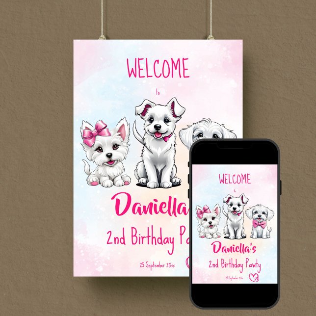 Välkomstskylt för Puppy pawty sött, vit rosa valpa Poster (Puppy pawty cute white puppies with pink bows welcome sign poster template digital download)