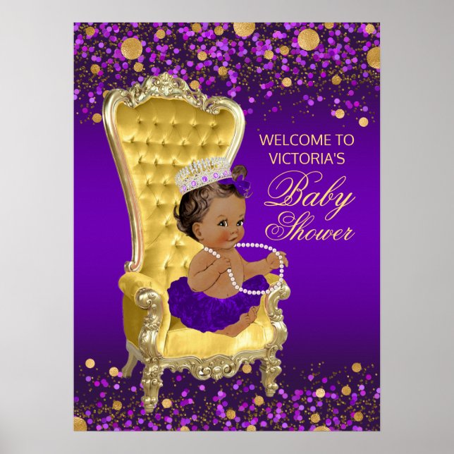 Välkomstskylt för Purple Gold Princess Baby Shower Poster (Framsidan)