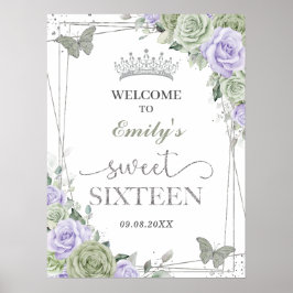 Välkomstskylt för Quinceanera Sage Grönt Lila Blom Poster