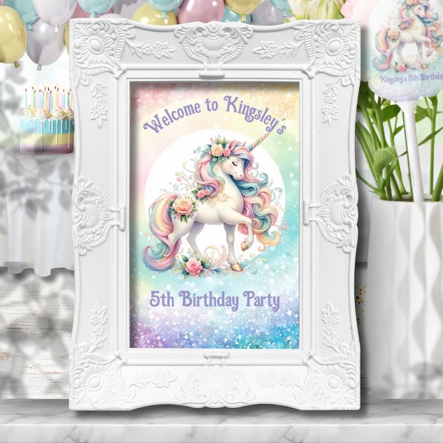 Välkomstskylt för Radiant Rainbow Unicorn Poster (Radiant Rainbow Unicorn Birthday Welcome Sign)