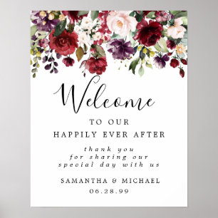 Välkomstskylt för Red Rosa Blommigt Elegant bröllo Poster