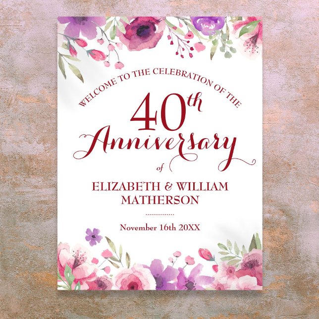 välkomstskylt för Ro Blommigt på 40:e årsdagen av  Poster (40th Wedding Anniversary Roses Floral Welcome Sign)