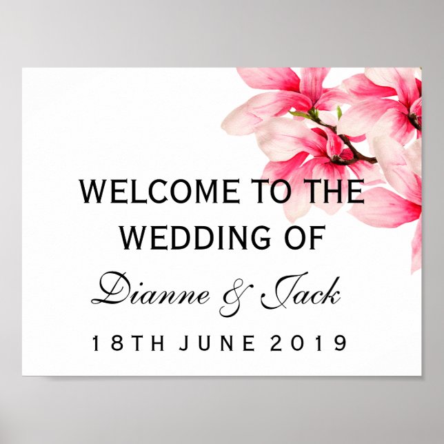 Välkomstskylt för Romantisk Rosa Magnolia Blommigt Poster (Framsidan)