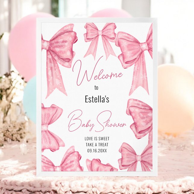 Välkomstskylt för Rosa av fack för spädbarn välkom Poster (Cute Coquette Pink Bow Baby Shower Welcome Sign)