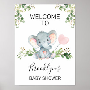 Välkomstskylt för rosa Balloon Elephant Baby Showe Poster