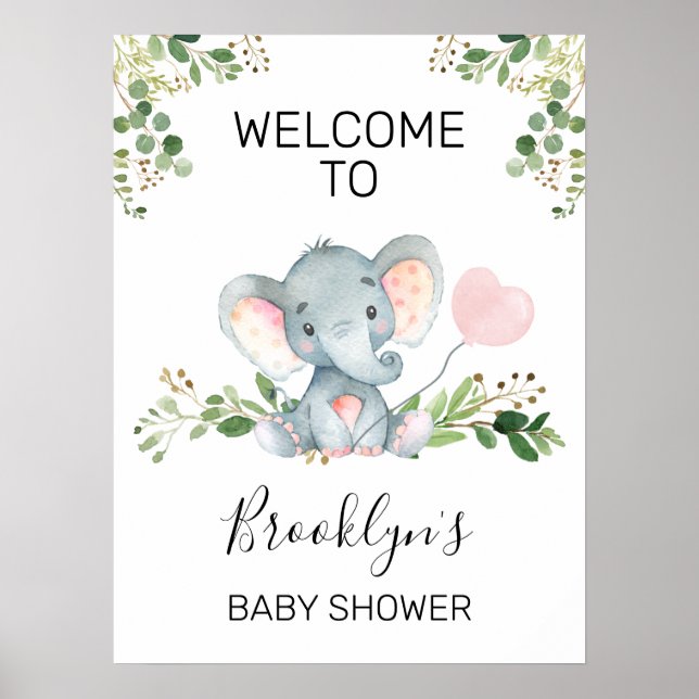 Välkomstskylt för rosa Balloon Elephant Baby Showe Poster (Framsidan)