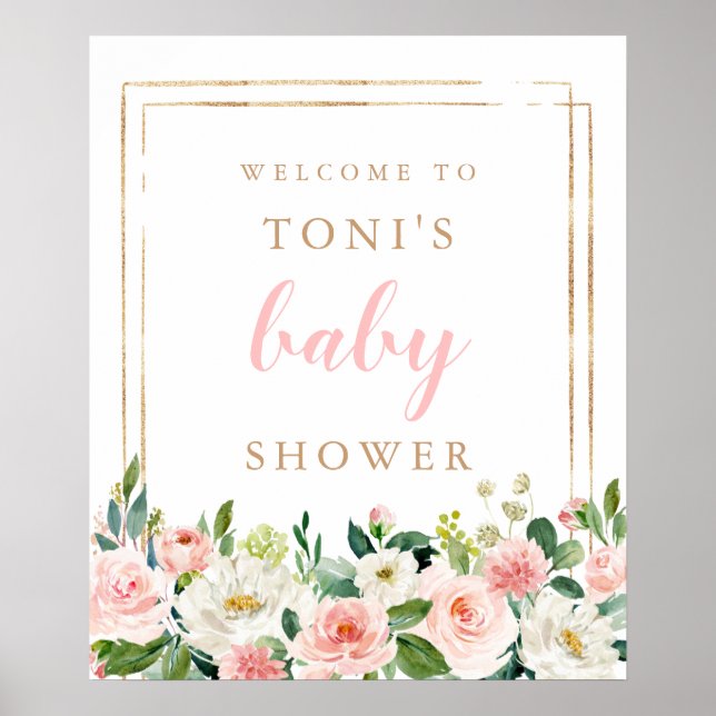 Välkomstskylt för  Rosa Blommigt Baby Shower Poster (Framsidan)